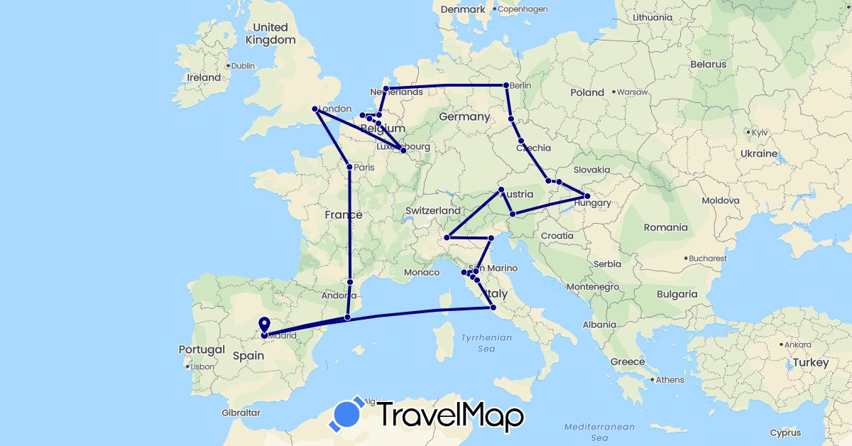 TravelMap itinerary: driving in Austria, Belgium, Czech Republic, Germany, Spain, France, United Kingdom, Hungary, Italy, Luxembourg, Netherlands, Slovakia (Europe)
